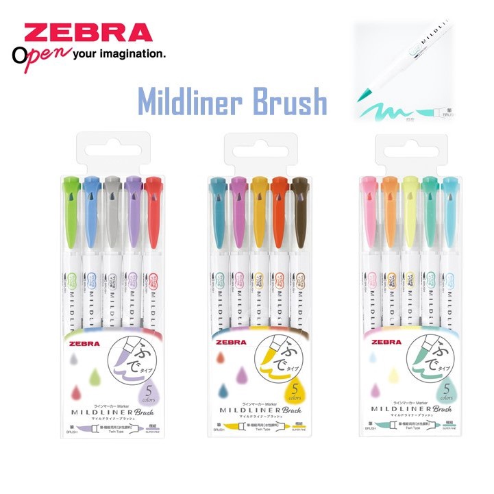 ซื้อ 3 แถม 2 ZEBRA ปากกเน้นข้อความ 2 หัว Mildliner Brush หัวพู่กัน/หัวกลม มีให้เลือก 3 set หรือแบบเดี่ยว15 สี