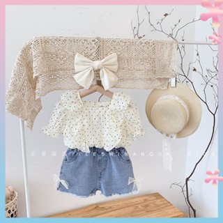 Girls summer suit 2022 new fashion Korean style baby girl chiffon short-sleeved shirt denim shorts two-piece set