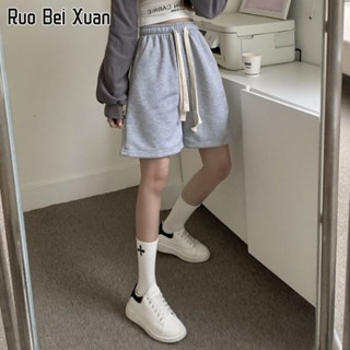 RUO BEI XUAN กางเกงขาสั้นสตรีใหม่สไตล์เกาหลีเชือกรูดเอวสูงทรงเอกางเกงขาสั้นลำลอง