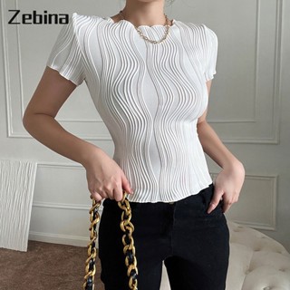 Zebina เสื้อยืดผู้หญิง ใหม่ คอกลม เข้ารูป เสื้อยืดสีทึบ