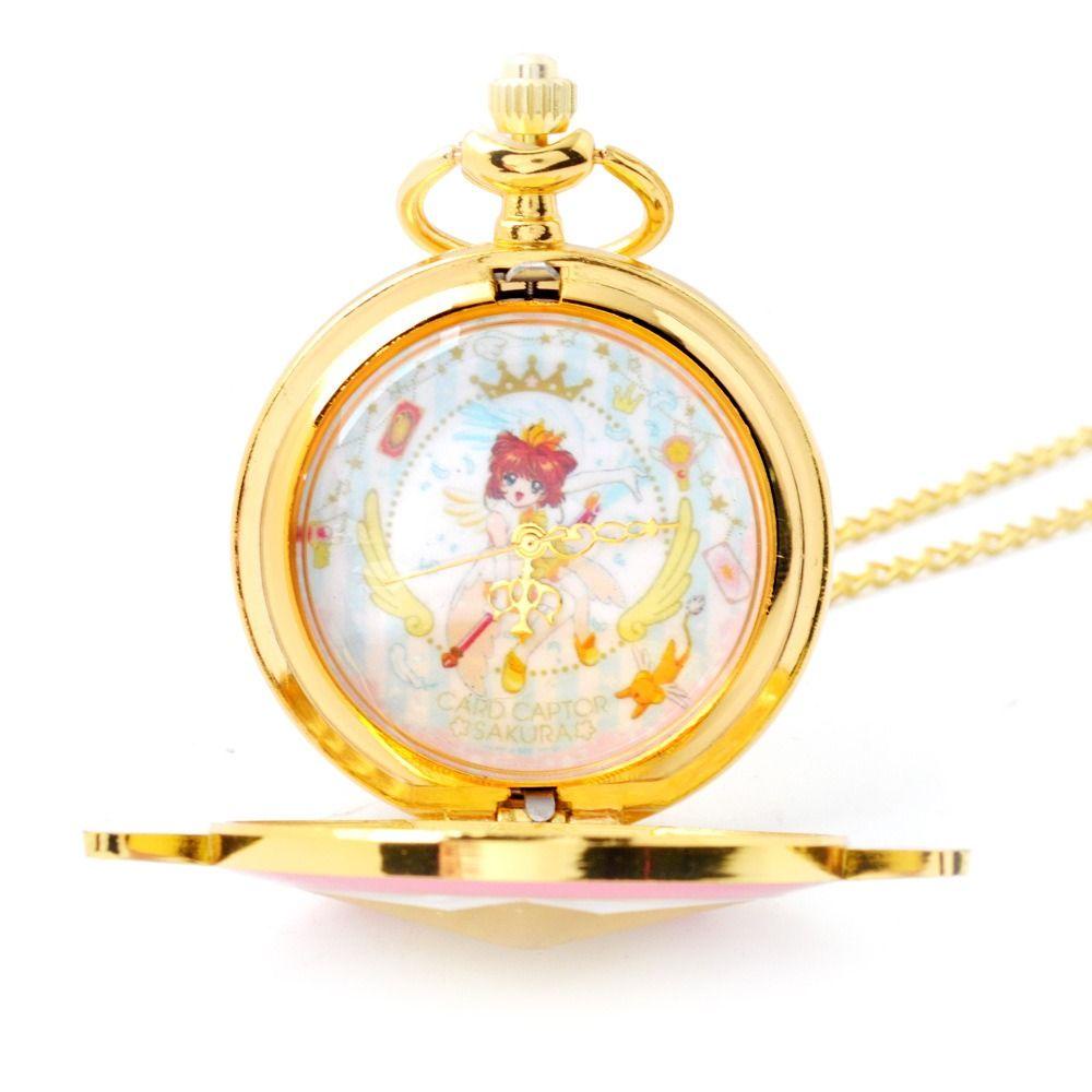 Fashionhubz SAILOR MOON นาฬิกาพ็อกเก็ตสไตล์ญี่ปุ่นแบบพกพา Sweet CARDCAPTOR SAKURA Star Wings คริสตัล Key Shape สร้อยคอนาฬิกา