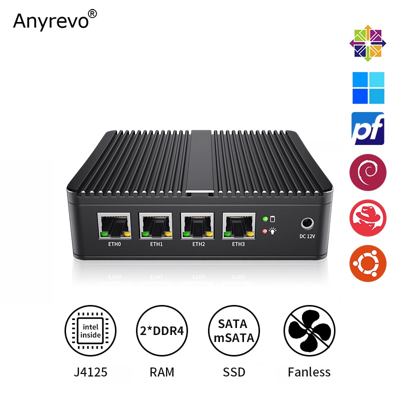 Fanless Soft Router Intel Celeron J4125 Mini PC Quad Core 4x Intel i225 2.5G LAN HDMI VGA pfSense Fi
