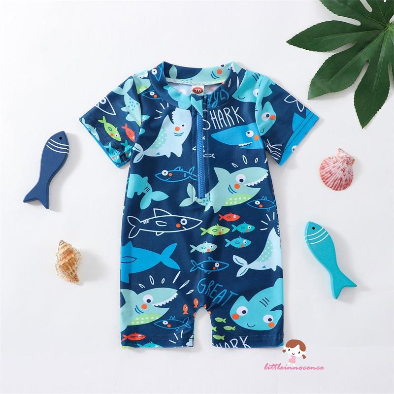 Xzq-kids Boys ชุดว่ายน้ําฤดูร้อน Casual Shark พิมพ์แขนสั้นซิปชุดว่ายน้ํา Beachwear