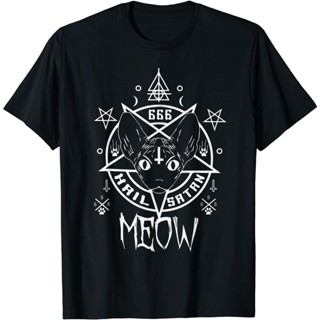 เสื้อยืด พิมพ์ลายแมวตลก Hail Satan Meow Demonic Sphynx Cat 666_04