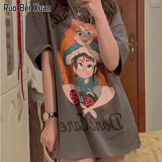 RUO BEI XUAN เสื้อยืดสตรีสไตล์เกาหลีลำลองหลวมยาวปานกลางพิมพ์เสื้อยืดแขนสั้น