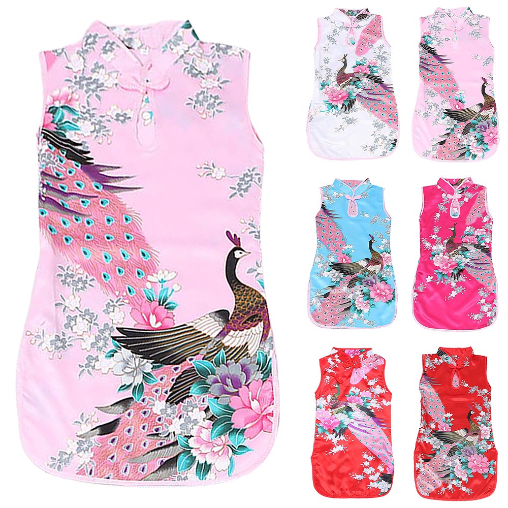 【Uhome】ชุดกี่เพ้า แขนกุด คอสูง ความยาวเข่า พิมพ์ลายนก ดอกไม้ สไตล์จีน สําหรับเด็กผู้หญิง