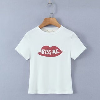 Wholesale Temperament Round Neck Lip Print High Elastic White Short T-shirt 6926_12