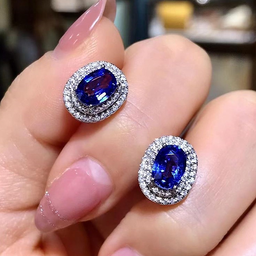 925 เงินสเตอร์ลิงประกายสีฟ้า/สีขาว Cz ต่างหูสตั๊ดรูปวงรีเรียบง่ายหรูหราผู้หญิงหูเจาะอุปกรณ์เสริมงานแต่งงานเครื่องประดับ