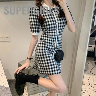 SUPERGIRLS ผู้หญิงฤดูร้อนแขนสั้นชุดเดรสเข้ารูปพอดีเปิดลงปกปุ่ม Gingham ชุดถักสำหรับทำงาน