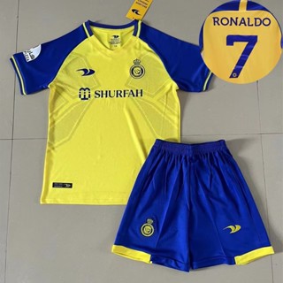 เสื้อกีฬาแขนสั้น ลายทีมชาติฟุตบอล Al Nassr 22 23 ชุดเหย้า และกางเกงขาสั้น สําหรับเด็ก #เสื้อกีฬาแขนสั้น ลายทีม Ronaldo Jersey 7