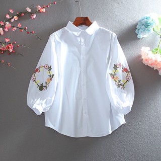 เสื้อเชิ้ตแขนยาว ผ้าฝ้ายแท้ ปักลาย สีขาว แฟชั่นฤดูใบไม้ผลิ สําหรับผู้หญิง