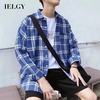 IELGY เสื้อเชิ้ตแขนยาว ลําลอง ลายสก๊อต สไตล์ญี่ปุ่น สําหรับผู้ชาย