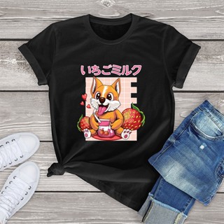 Funny Strawberry Corgi Graphic Tee T Shirt Women Cotton Kawaii Japanese Strawberry Milk Tshirt Top Fashion Casual T_04