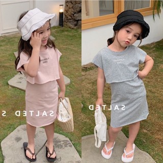 PRETTY BABY🧸พร้อมส่ง🧸ชุดเซ็ทเด็กผู้หญิง ชุดเดรสเด็กผู้หญิง+เสื้อครอป งาน2ชิ้นน่ารัก(631)