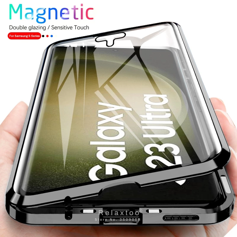 สําหรับ Samsung Galaxy S25 S24 S23 Ultra Plus S25Ultra S23Plus S23 + S23FE 5G Flip กันกระแทกปลอกสองด้านกระจกนิรภัยเคสโทรศัพท์โลหะแม่เหล็ก Hard ป้องกันปกหลัง