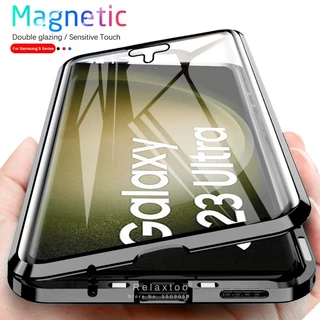 สําหรับ Samsung Galaxy S25 S24 S23 Ultra Plus S25Ultra S23Plus S23 + S23FE 5G Flip กันกระแทกปลอกสองด้านกระจกนิรภัยเคสโทรศัพท์โลหะแม่เหล็ก Hard ป้องกันปกหลัง