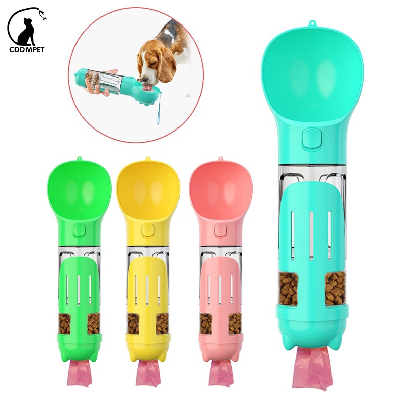 【CDDMPET】ขวดน้ำสำหรับสัตว์เลี้ยง 3 in 1 ให้อาหารแมว สุนัข แบบพกพา กระบอกน้ำพร้อมอาหารสัตว์เลี้ยง ถุงขยะ