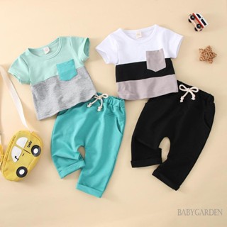 Babygarden-3m-3y ชุดเสื้อผ้าเด็กผู้ชาย แฟชั่น สีตัดกัน เสื้อแขนสั้น + กางเกงผูกเชือก