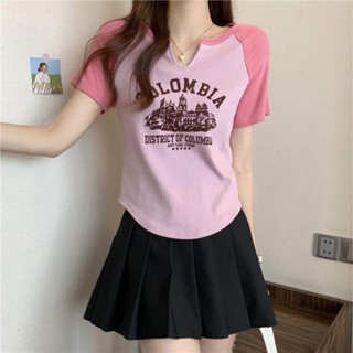 (พร้อมส่ง/ใหม่)#56333เสื้อยืดผู้หญิงแขนสั้นฤดูร้อนเก๋ขนาดเล็กสไตล์ฝรั่งเศสคอวีเข้ารูปสลิม