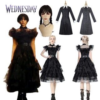 Wednesday Addams ชุดเดรสคอสเพลย์ แขนยาว สีดํา แต่งตัวชุดเจ้าหญิงสไตล์โกธิค สําหรับเด็กผู้หญิง เหมาะกับปาร์ตี้ฮาโลวีน คริสต์มาส