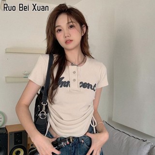 RUO BEI XUAN เสื้อยืดสตรี 2023 ใหม่แฟชั่นสไตล์สตรีทแขนสั้นทรงครอปท็อป