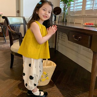 ชุดเสื้อครอป และกางเกง ลายจุด แฟชั่นฤดูร้อน สําหรับเด็กผู้หญิง