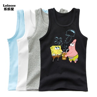 เสื้อยืดแขนกุด ผ้าฝ้าย พิมพ์ลายการ์ตูน SpongeBob SquarePants แฟชั่นฤดูร้อน สําหรับเด็กผู้ชาย