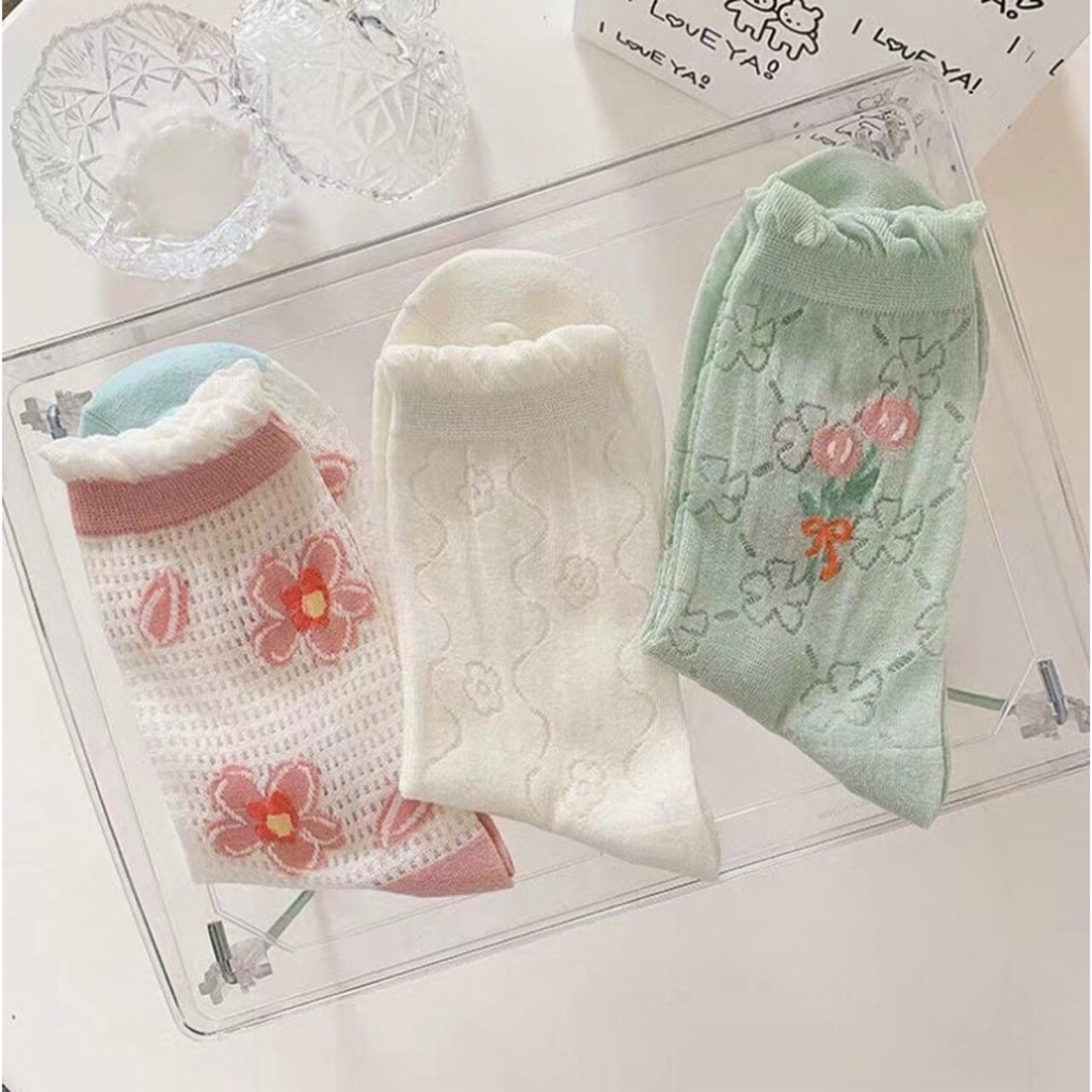 🌈 ถุงเท้า ดอกทิวลิป ลายถัก ลูกไม้ ถุงเท้าแฟชั่น รุ่นเบาสบาย กันลื่น 🌈 - รูปที่ 5