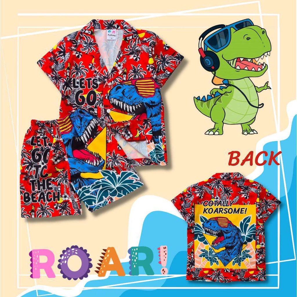 DI0752 ชุดเด็ก เซ็ตเสื้อฮาวาย+กางเกงขาสั้น ผ้าไหมอิตาลี ลายไดโนเสาร์ เสื้อผ้าเด็ก ชุดเด็กลายการ์ตูน ชุดเที่ยวทะเล