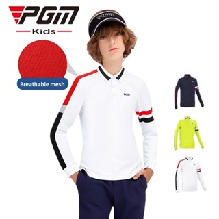 Pgm GOLF Teen เสื้อโปโล แขนยาว สีขาว สีเขียว สีกรมท่า ตาข่ายระบายอากาศ สําหรับเด็กผู้ชาย กีฬากลางแจ้ง