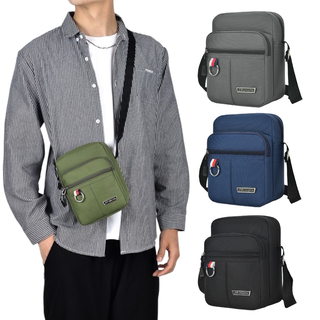 (w240)กระเป๋าสะพายข้างชายใบน้อยเท่ๆสูง20เซ็น 3ซิป แต่งห่วงเงิน vgetbag