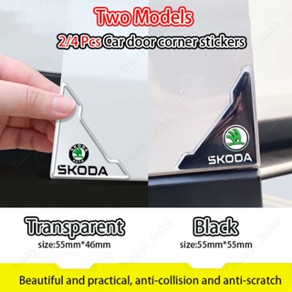 สติกเกอร์ Skoda สีดําใส ติดมุมประตูรถยนต์ ป้องกันการชน ป้องกันรอยขีดข่วน สําหรับ Yeti Octavia Fabia Rapid Superb Scala 2/4 ชิ้น