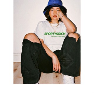 Sporty &amp; Rich summer ใหม่ INS เสื้อยืดแขนสั้น พิมพ์ลายตัวอักษร สีเขียว สไตล์ยุโรป และอเมริกา เหมาะกับฤดูร้อน สําหรับเล่นโยคะ