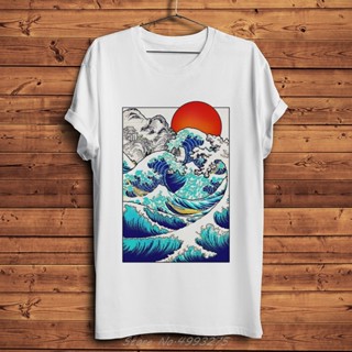 oversize T-shirt เสื้อยืดลําลอง แขนสั้น คอกลม ลาย Great Wave Off Kanagawa สีขาว สไตล์ญี่ปุ่น วินเทจ สําหรับผู้ชาย และผู้