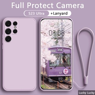 เคส Samsung S23 Ultra S22 Ultra Plus เคสซิลิโคนเหลวพร้อมกล้องแบบเต็มสายคล้อง สายคล้องเชือกเส้นเล็ก ข้าวแดง