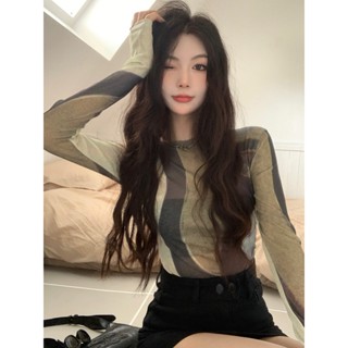 Xiaozhainv เสื้อยืด แขนยาว ผ้ายืด สีตัดกัน สุดฮอต สกินนี่ สําหรับผู้หญิง เสื้อยืดแขนยาว