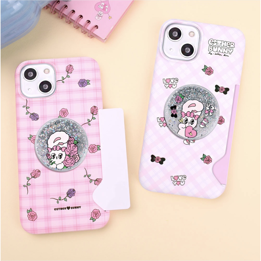 Esther bunny - card slot hard case + glitter griptok compatible for iphone 14 13 12 11 pro max s23 s22 s21 s20 ultra plus