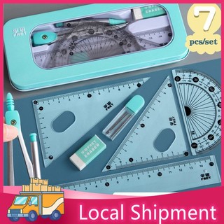 7Pcs/lot Ruler Set GeometricDrawing Eraser Back To School Math Compass Set Office School  Stationery