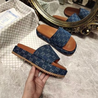 Gucci ใหม่ รองเท้าแตะแพลตฟอร์ม ผ้าแคนวาส ส้นหนา พิมพ์ลาย เหมาะกับใส่กลางแจ้ง สําหรับผู้หญิง 2021