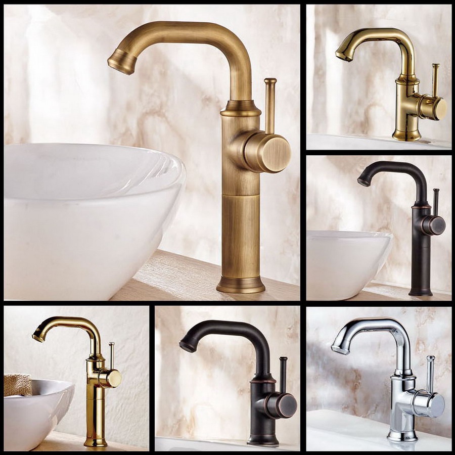 ก๊อกน้ําอ่างล้างหน้า Chrome Gold Swivel Spout Deck ติดตั้ง Vanity Vessel ก๊อกน้ําห้องน้ํา Sink Taps ทองเหลืองโบราณครัวผสมน้ํามันสีดําเดี่ยวจับร้อนและเย็น Water Tap Uzh002