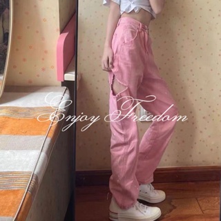 Enjoy Freedom กางเกงยีนส์ผู้หญิง 2023 ใหม่เอวสูงรุ่นแนวตั้ง Slim Pink Ripped Jeans