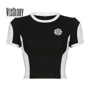 Vesglory เสื้อยืดลําลอง แขนสั้น คอกลม พิมพ์ลาย สีพื้น เซ็กซี่ แฟชั่นสําหรับสตรี