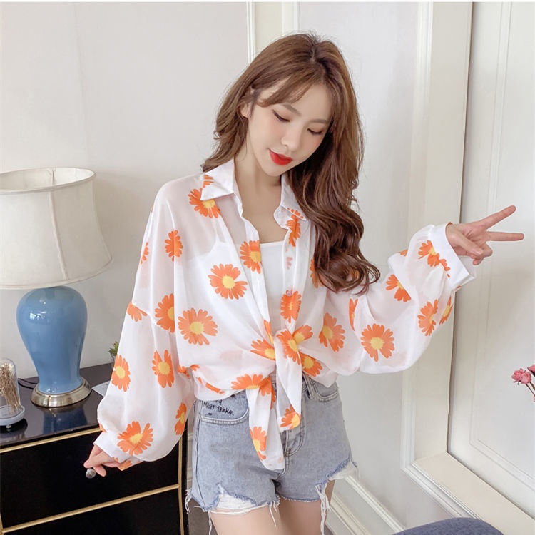 ได้ของเร็ว เสื้อกันแดดผู้หญิงเกาหลี ทรงหลวมผ้าบาง เสื้อเชิ้ตลายดอกเดซี่ฤดูร้อน แขนยาวผู้หญิง - รูปที่ 5