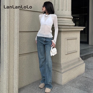 Lanlanlolo เสื้อถักลําลอง แขนยาว คอกลม สีพื้น ทรงสลิมฟิต สําหรับสตรี 2023