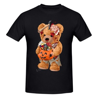 3swb เสื้อยืดลําลอง แขนสั้น พิมพ์ลาย Trick Zombie Teddy Bear Holding Candy Bucket สไตล์ฮาราจูกุ สําหรับผู้ชาย NIVC_01