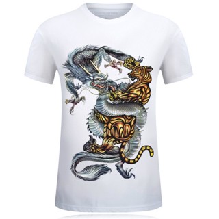 White Cotton T-Shirts 3D Print Dragon Tiger Fight Domineering Men‘s Short Sleeve T-shirt Boy Fashion Round Neck T S_02