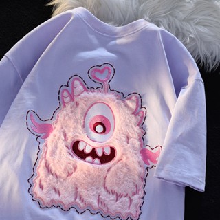 100% cotton pink little monster short-sleeved t-shirt womens 2023 summer new design sense niche couple tops