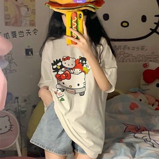 เสื้อยืดแขนสั้น คอกลม ผ้าฝ้าย แบบบาง พิมพ์ลายการ์ตูนอนิเมะ Sanrio แฟชั่นฤดูร้อน สําหรับผู้หญิง [RAIN]