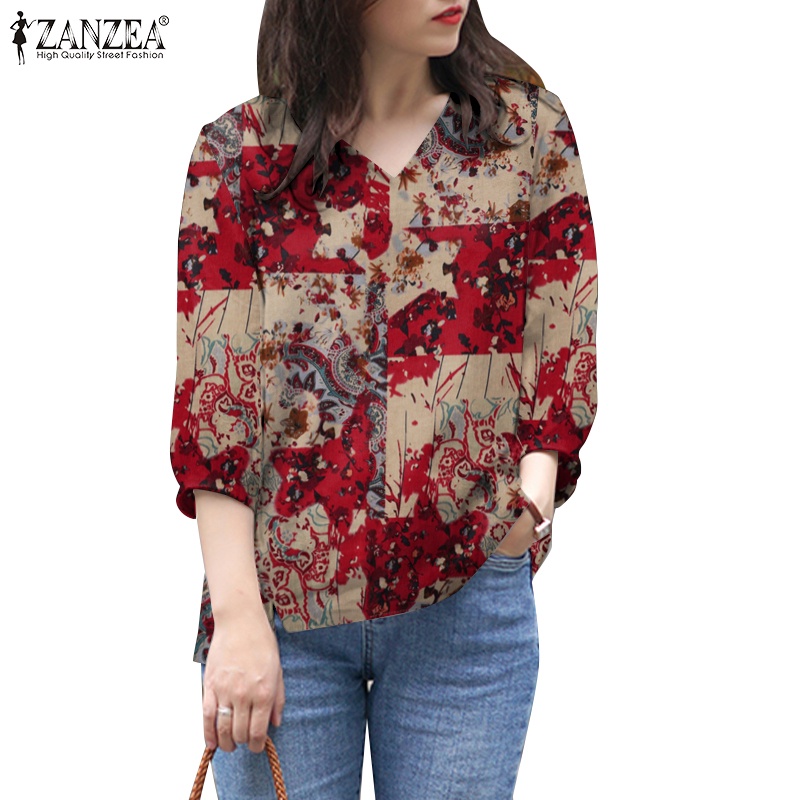 Zanzea เสื้อเบลาส์ คอวี แขน 3/4 พิมพ์ลาย ทรงหลวม สไตล์เรโทร สําหรับผู้หญิง
