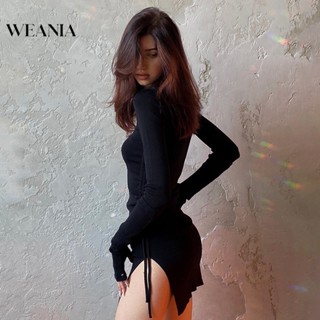 Weania ชุดเดรสแขนยาว ผ่าข้าง แนวเซ็กซี่ สีพื้น สําหรับผู้หญิง